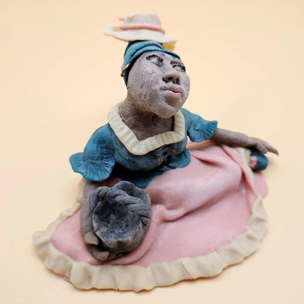 Artisan Signed Limited Edition Figurine Woman Basket Straw Hat Handcrafted RARE